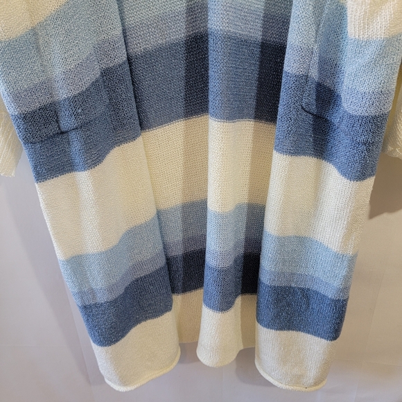 POL Blue White Striped Long Duster Cardigan Sz L Pocket Cottagecore Relaxed Fit - Picture 4 of 12
